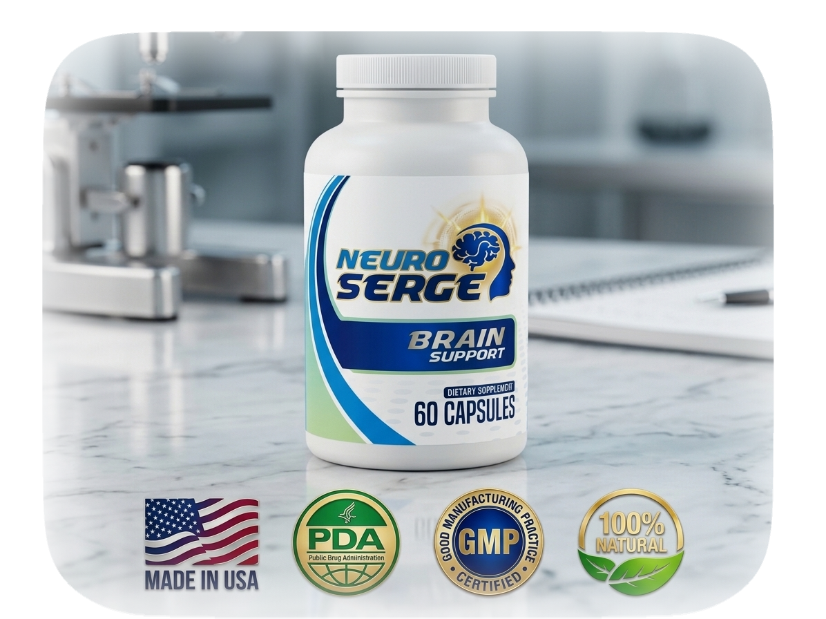 Neuro Serge Brain Support supplement bottle on a lab counter with Made in USA, PDA, GMP, and 100% Natural certification seals.