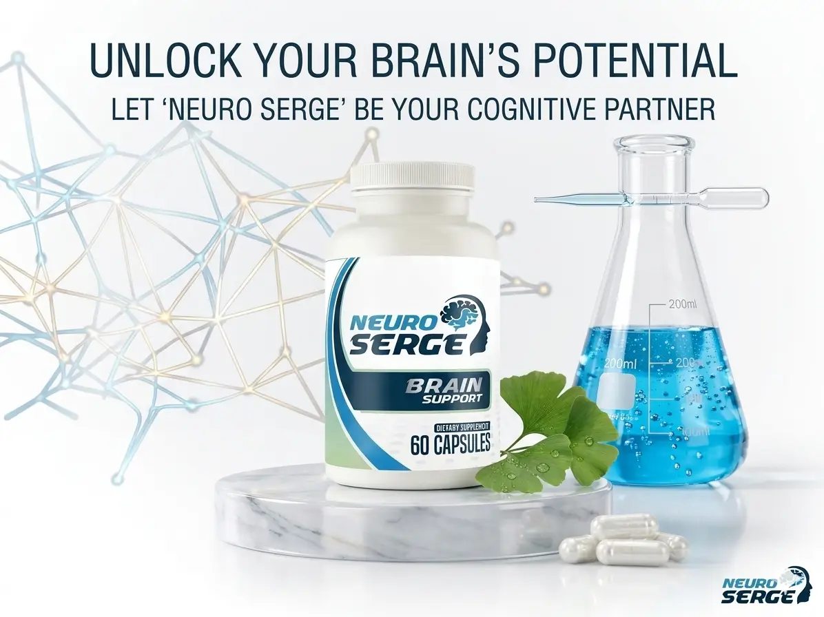Neuro Serge Brain Support: brain supplement with Ginkgo biloba leaves and lab equipment.