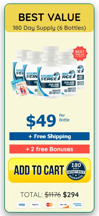 Neuro Surge Best Value: 6 bottles 180-day supply with free shipping and 2 bonuses