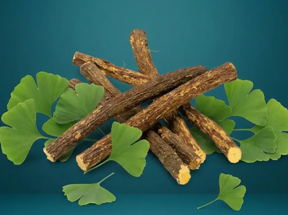 Ginkgo biloba leaves and licorice root sticks for Neuro Surge supplement